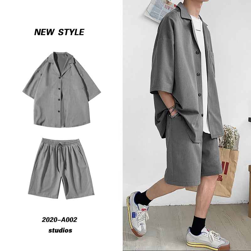 Bonsir Korean Style Men&#39;s Set Suit Jacket and Shorts Solid Thin Short Sleeve Top Matching Bottoms Summer Fashion Oversized Clothing Man