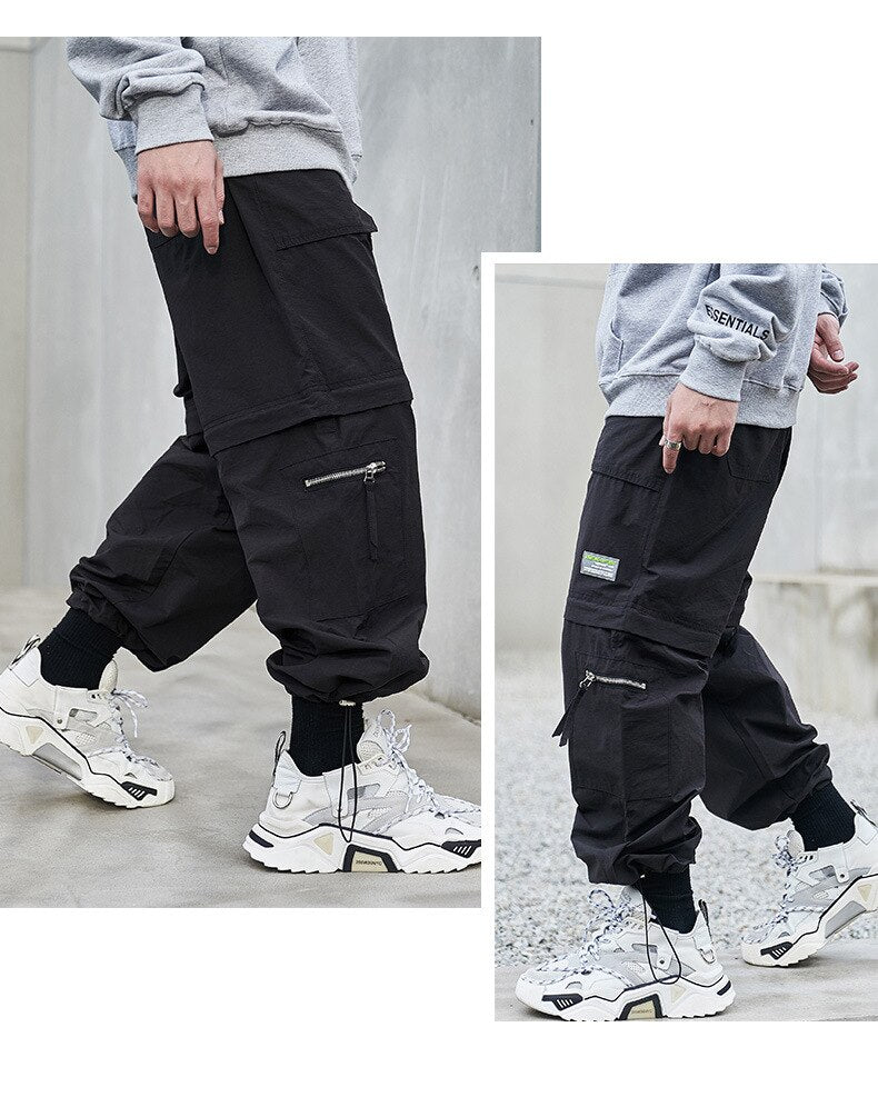 Bonsir Casual Pants Men's  Spring Trousers Japanese Loose Straight Out of Leg Cuff Functional Cargo Pants Zipper Unloading Shorts