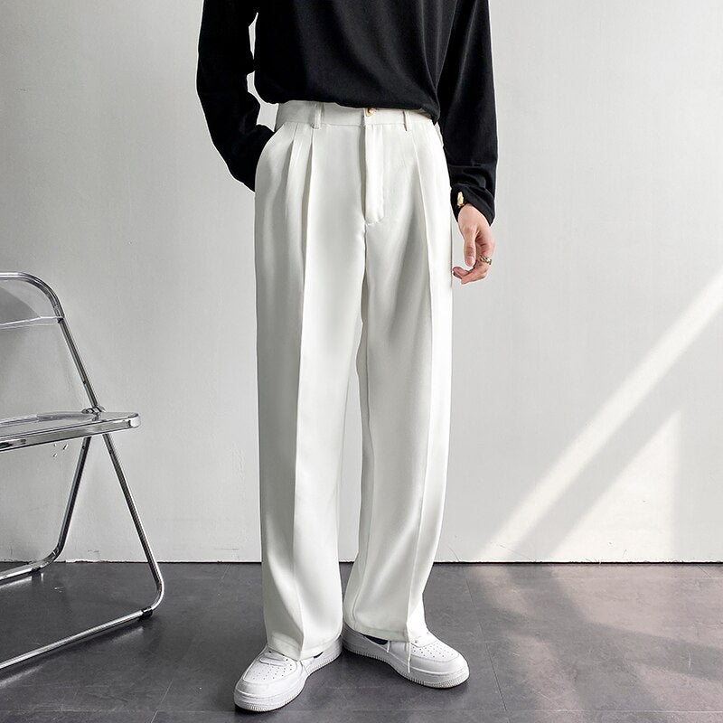 Bonsir Solid Color Formal Suit Pants Men Korean Fashion Loose Casual Pants Men Harajuku Streetwear Wide-leg Straight-leg Pants Men