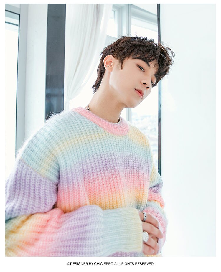 Bonsir Korean Fashion High Quality Gradient Tie-dye Loose Rainbow Sweater Men Autumn  New Casual Loose Striped Harajuku Sweater