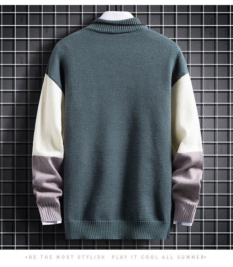 Bonsir New Winter Warm Sweater Men Patchwork Color Block Pullover Fashion Korean Slim Fit Sweaters Tops Knitted Men's Christmas Jumper