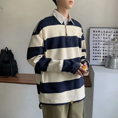 Bonsir Spring Autumn Men Striped Lapel T-shirt Trend Polo Collar Loose Long-sleeved Tshirts Ins All-match Pullover Tees British Gentle