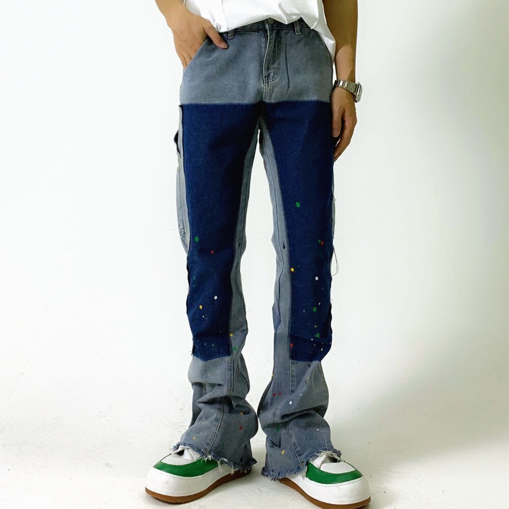 Bonsir High Street Inkjet Patchwork Blue Men Hip Hop Flares Jeans Pants Straight Retro Washed Distressed Denim Trousers Pantalon