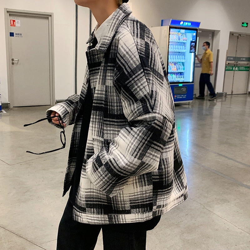 Bonsir  Winter Woolen Coat Men Warm Overcoat Fashion Retro Hit Color Tartan Woolen Jacket Men Streetwear Loose Short Woolen Jacket Man