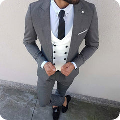 Bonsir Custom Made Men Suits Dark Grey and White Groom Tuxedos Peak Lapel Groomsmen Wedding 3 Pieces Set ( Jacket + Pants + Vest ) D420