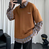 Bonsir Ins Fake Two-piece Tshirts Men's Spring Autumn Loose Plaid Shirt Lapel Long Sleeved T-shirt Student Unisex Casual Top Clothes