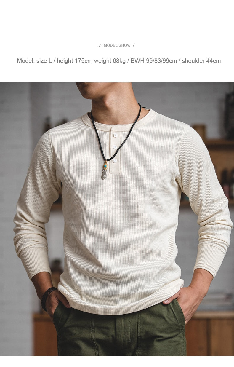 Bonsir  Fit Long-sleeved Pullover T-shirts Men Waffle Cotton Henry T-shirt Sweater Tee Man Clothing Regularly （White ）