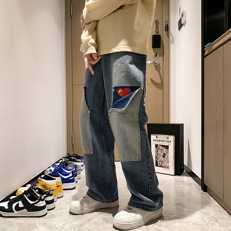 Bonsir Men Jeans Hip Hop Patchwork Oversized Straight Jean Pants