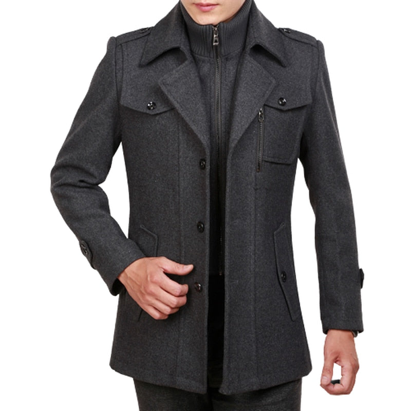 Bonsir New Warm Coat Lapel Woolen Coat Men's Double Collar Long Woolen Coat Men's Jacket Winter Trench Coat Men