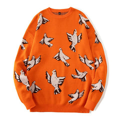 Bonsir Men Casual Sweater Round Neck Cotton Autumn Winter Pullover Mens Harajuku Sweaters Pigeon Pattern Long Sleeve Male Tops Clothing