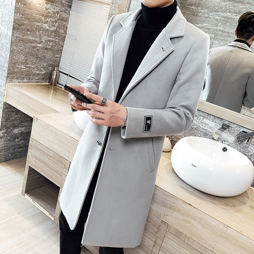 Autumn Winter Long Solid Color Windbreaker Coat New Men Woolen Coat s Plus Size 5XL Men's Slim Fashion Windbreaker Jacket