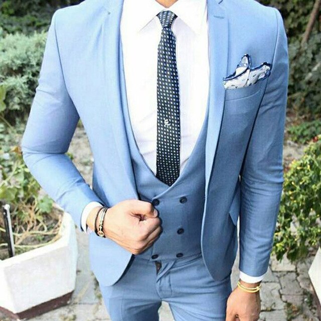 Bonsir Custom Made Groomsmen Sky Blue Groom Tuxedos Notch Lapel Men Suits Wedding Best Man Blazer ( Jacket+Pants+Vest+Tie ) C450