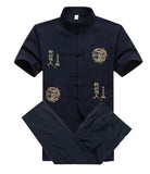 Bonsir Chinese Men Cotton Kung Fu Suit Embroidery  Wu Shu Uniform Tai Chi Clothing Short Sleeve Shirt+Pant M L XL XXL XXXL MS013