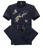 Bonsir Chinese Men Cotton Kung Fu Suit Embroidery  Wu Shu Uniform Tai Chi Clothing Short Sleeve Shirt+Pant M L XL XXL XXXL MS013