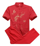 Bonsir Chinese Men Cotton Kung Fu Suit Embroidery  Wu Shu Uniform Tai Chi Clothing Short Sleeve Shirt+Pant M L XL XXL XXXL MS013