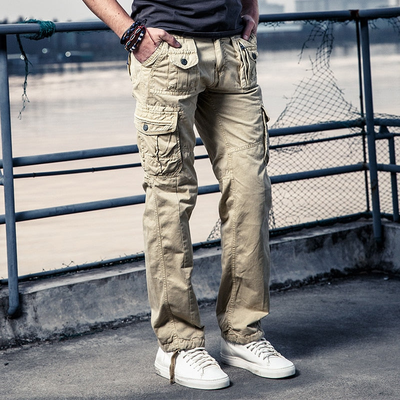 Bonsir Mens Military Cargo Pants Solid Khaki Breathable Summer Large Size Multi Pocket Long Trouser HOT Spliced Pantalon Homme