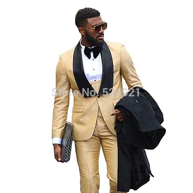 Bonsir Custom Made Groomsmen Champagne Groom Tuxedos Notch Lapel Men Suits Wedding Best Man Blazer ( Jacket+Pants Tie+Vest ) C418