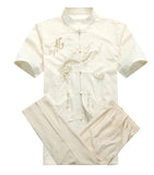 Bonsir Chinese Men Cotton Kung Fu Suit Embroidery  Wu Shu Uniform Tai Chi Clothing Short Sleeve Shirt+Pant M L XL XXL XXXL MS013