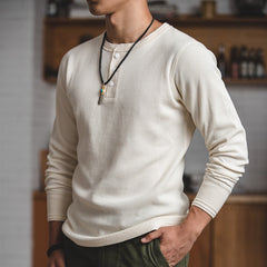 Bonsir  Fit Long-sleeved Pullover T-shirts Men Waffle Cotton Henry T-shirt Sweater Tee Man Clothing Regularly （White ）