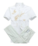 Bonsir Chinese Men Cotton Kung Fu Suit Embroidery  Wu Shu Uniform Tai Chi Clothing Short Sleeve Shirt+Pant M L XL XXL XXXL MS013