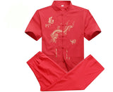 Bonsir Chinese Men Cotton Kung Fu Suit Embroidery  Wu Shu Uniform Tai Chi Clothing Short Sleeve Shirt+Pant M L XL XXL XXXL MS013