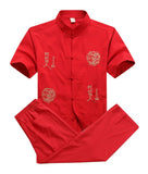 Bonsir Chinese Men Cotton Kung Fu Suit Embroidery  Wu Shu Uniform Tai Chi Clothing Short Sleeve Shirt+Pant M L XL XXL XXXL MS013
