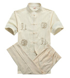 Bonsir Chinese Men Cotton Kung Fu Suit Embroidery  Wu Shu Uniform Tai Chi Clothing Short Sleeve Shirt+Pant M L XL XXL XXXL MS013