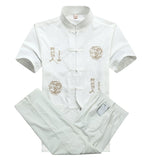 Bonsir Chinese Men Cotton Kung Fu Suit Embroidery  Wu Shu Uniform Tai Chi Clothing Short Sleeve Shirt+Pant M L XL XXL XXXL MS013