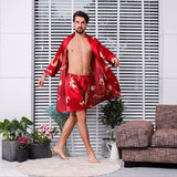 Bonsir Two-Piece Home Silk Robe Pants Pajama Set or Bathrobe Shorts Sets 7XL-M Long Sleeve Sleepwear for Men Kimono Soft Cozy Bath Gown
