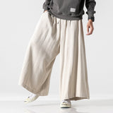 Bonsir Super Loose Cotton Linen Pants Mens Straight Casual Wide Leg Pants Autumn Winter Japanese Big Size Elastic Waist Trousers