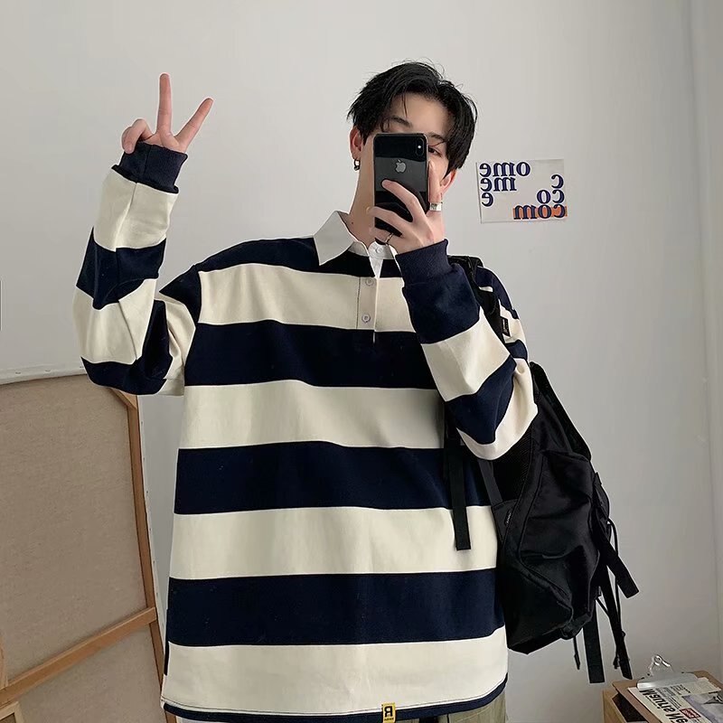 Bonsir Spring Autumn Men Striped Lapel T-shirt Trend Polo Collar Loose Long-sleeved Tshirts Ins All-match Pullover Tees British Gentle