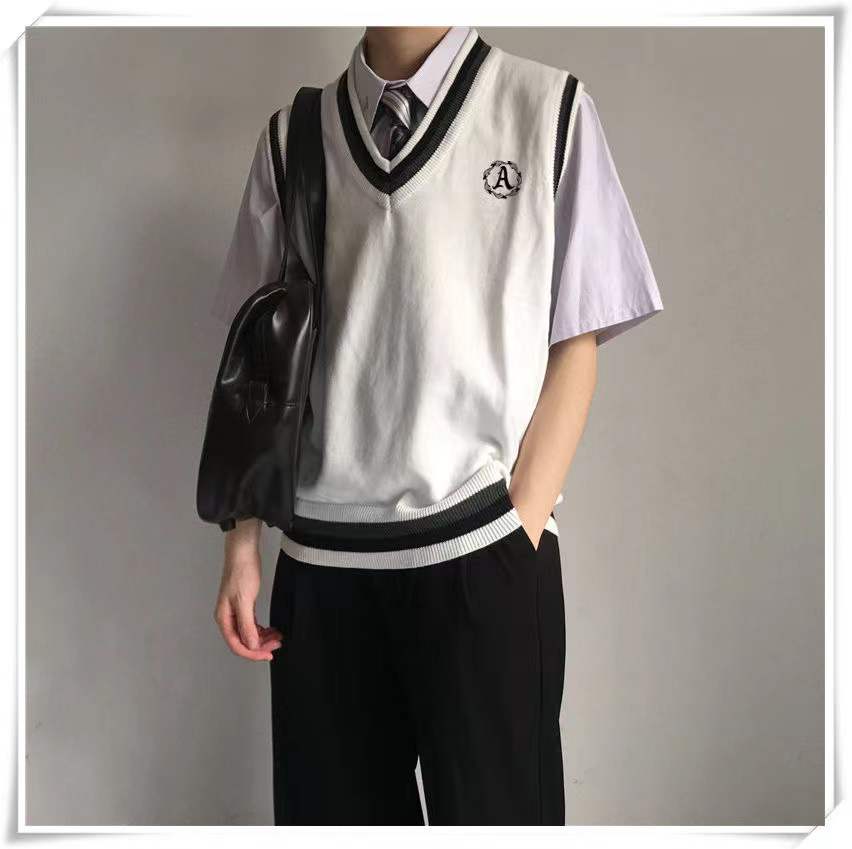 Bonsir Autumn College Style Sweater Vest Male Student Coats Korean Trend Knitting Sleeveless V-Neck 3 Color Pullover Unisex Clothes