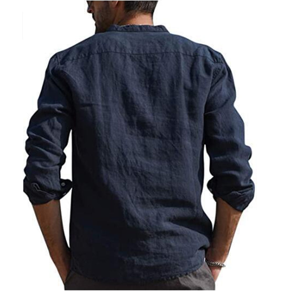 Bonsir Cotton Linen Hot Sale Men's Long-Sleeved Shirts Summer Solid Color  Stand-Up Collar Casual Beach Style Plus Size