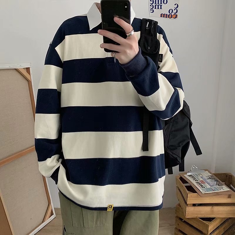 Bonsir Spring Autumn Men Striped Lapel T-shirt Trend Polo Collar Loose Long-sleeved Tshirts Ins All-match Pullover Tees British Gentle