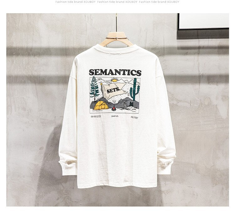 Bonsir Autumn Men T-Shirt High Street Funny Personality Cartoon Letter Printing Couple Ins Handsome Hip Hop Long Sleeve Pullovers Tees