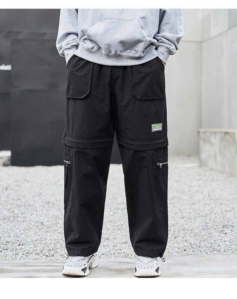 Bonsir Casual Pants Men's  Spring Trousers Japanese Loose Straight Out of Leg Cuff Functional Cargo Pants Zipper Unloading Shorts