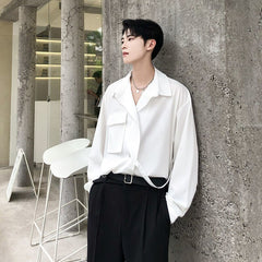 Bonsir Korean Style Men's Solid Color Long Sleeve Ribbon Shirts White/black Irregular Shirts Camisa Masculina Streetwear Clothes