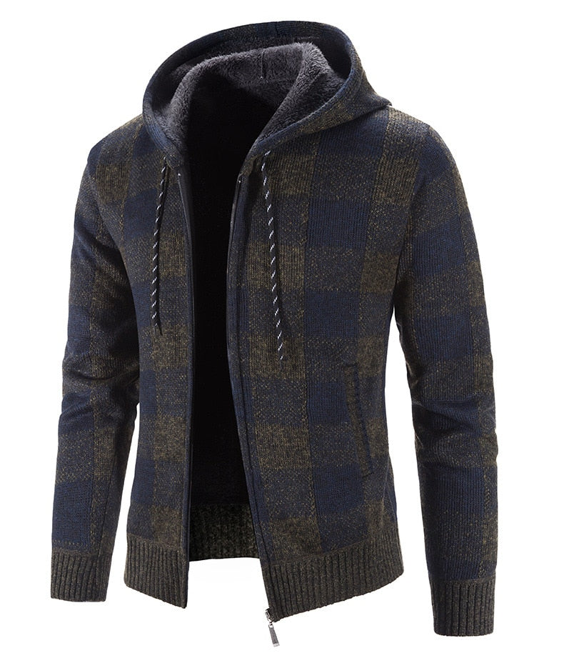 Bonsir Men's Hooded Plaid Printed Long Sleeve Sweater Autumn Winter Plush Large Casual Cardigan Coat