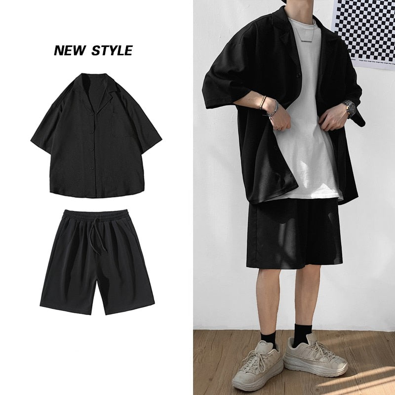 Bonsir Korean Style Men&#39;s Set Suit Jacket and Shorts Solid Thin Short Sleeve Top Matching Bottoms Summer Fashion Oversized Clothing Man