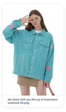 Bonsir Men Cargo Corduroy Jacket Vintage Loose Casual Couple Heart Graphic Button Candy Color Handsome Pleated Streetwear Coat