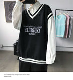 Bonsir Fashion V-neck Plush College Style Mens Vintage Knitted Vest Trend Harajuku Hip Hop Casual Loose Black Couple Knitted Sweater