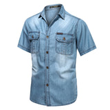 Bonsir New Mens Denim Shirts Short Sleeve Retro Light Blue Men Summer Shirt Jean Jacket Casual Buttons Tops Male Denim Shirt