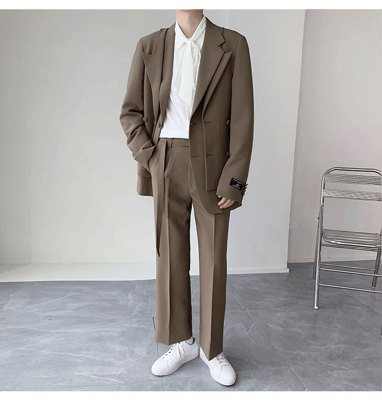 Bonsir Double Collar Design Suits Sets Men Fashion Show Korean Office Business Casual Suits Blazer Jacket Pant Streetwear Suits Man