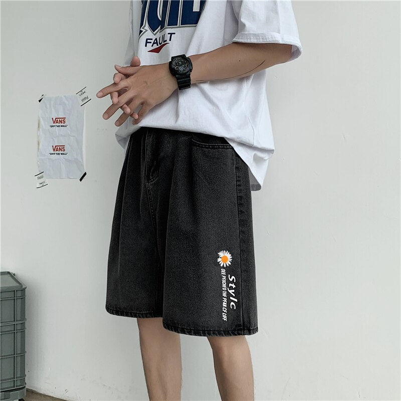 Bonsir  summer denim shorts men's trendy straight baggy pants casual versatile handsome five point pants streetwear gym