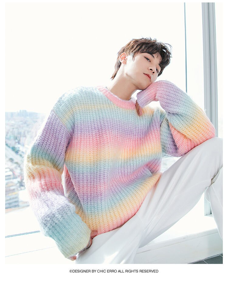 Bonsir Korean Fashion High Quality Gradient Tie-dye Loose Rainbow Sweater Men Autumn  New Casual Loose Striped Harajuku Sweater