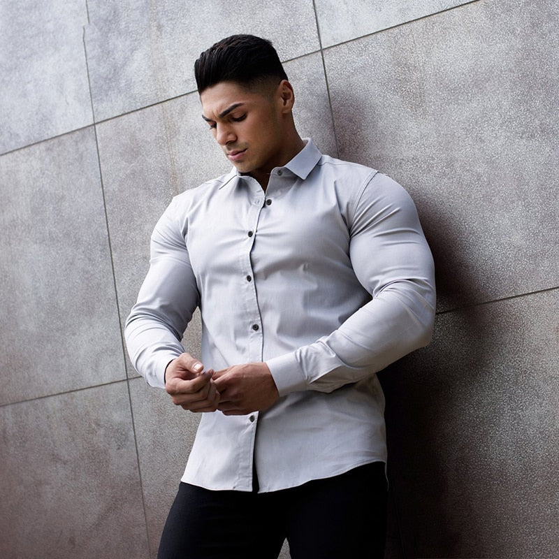 Bonsir  Men Fashion Casual long Sleeve Solid Shirt Super Slim Fit Male Social Business Dress Shirt Brand Men Fitness Sports Clothing