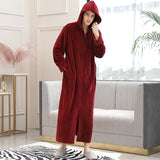 Bonsir Men Winter Plus Size Long Warm Coral Fleece Bathrobe Hooded Cozy Flannel Zipper Bath Robe Night Dressing Gown Women Sleepwear