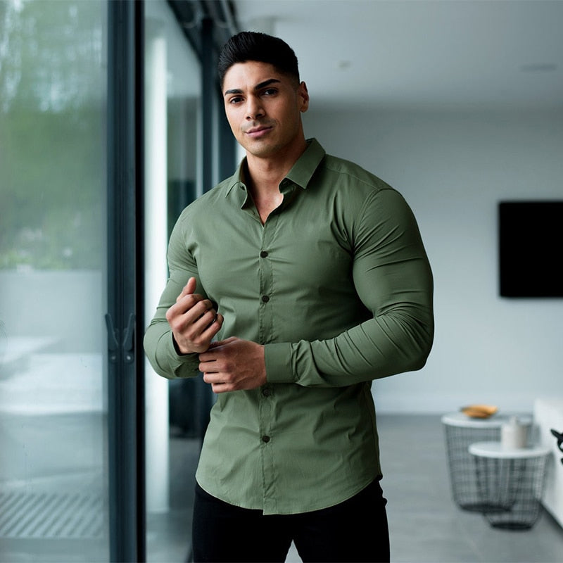 Bonsir  Men Fashion Casual long Sleeve Solid Shirt Super Slim Fit Male Social Business Dress Shirt Brand Men Fitness Sports Clothing