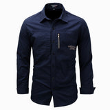 Bonsir Men's Long Sleeve Shirt Lapel Zipper Shirt Cotton Army Outdoor Casual Large Size Army Green Embroidery Shirt Male
