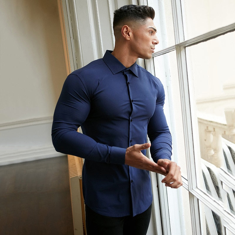 Bonsir  Men Fashion Casual long Sleeve Solid Shirt Super Slim Fit Male Social Business Dress Shirt Brand Men Fitness Sports Clothing